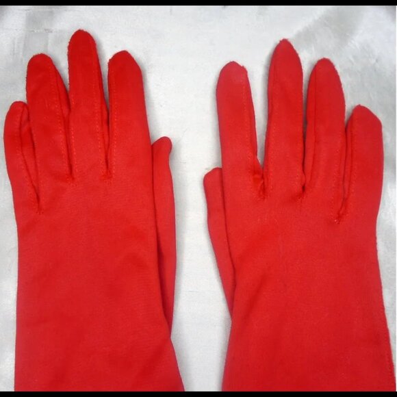 Red Gloves Mid Length Nylon Vintage Early 60s - Picture 3 of 11